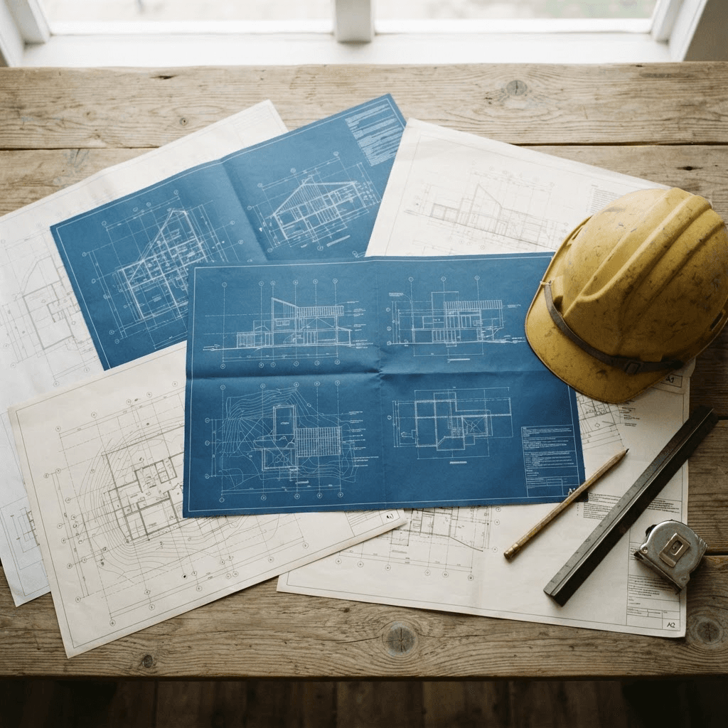 Construction blueprints and site plans laid out on a desk