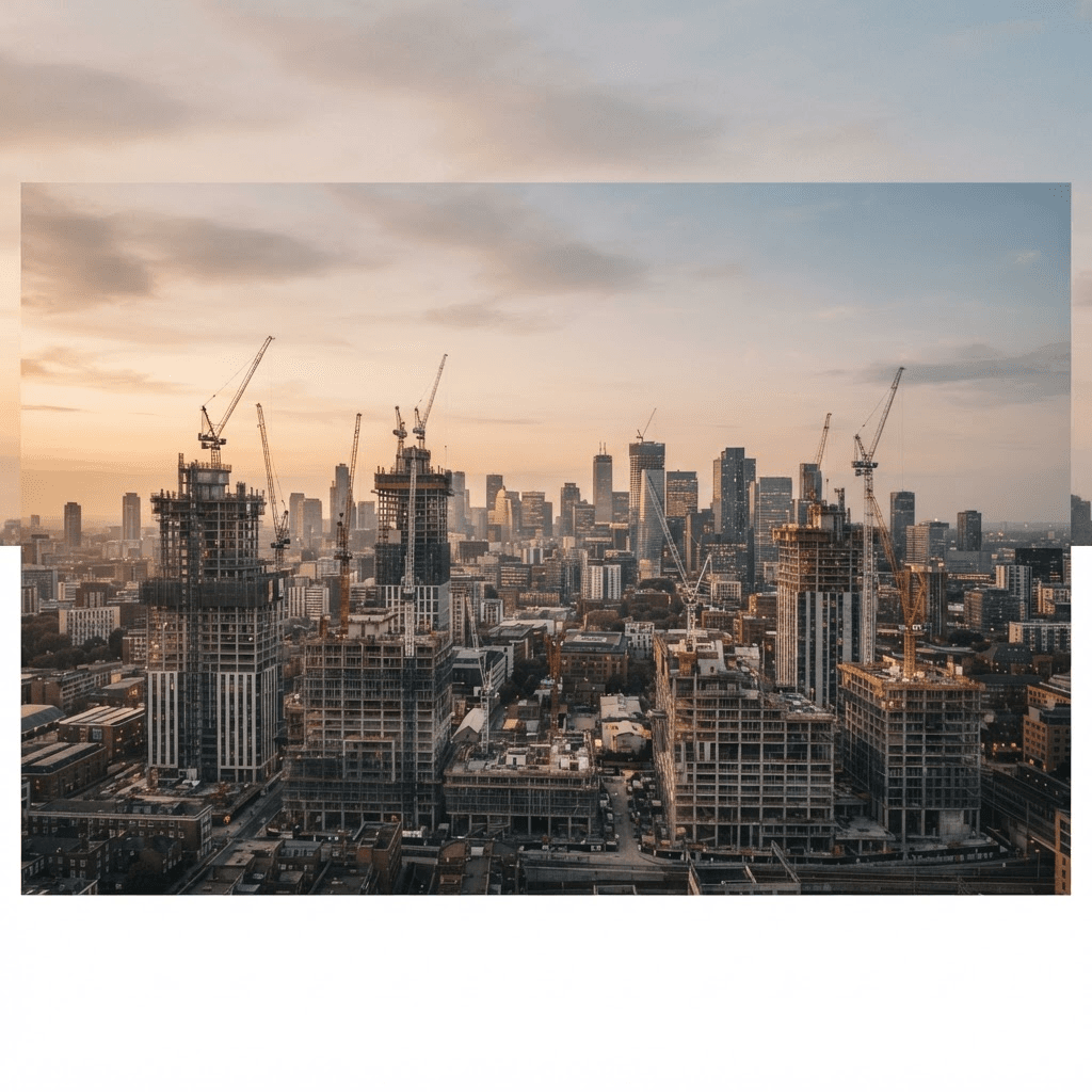 City skyline of construction projects representing company-wide rental spend