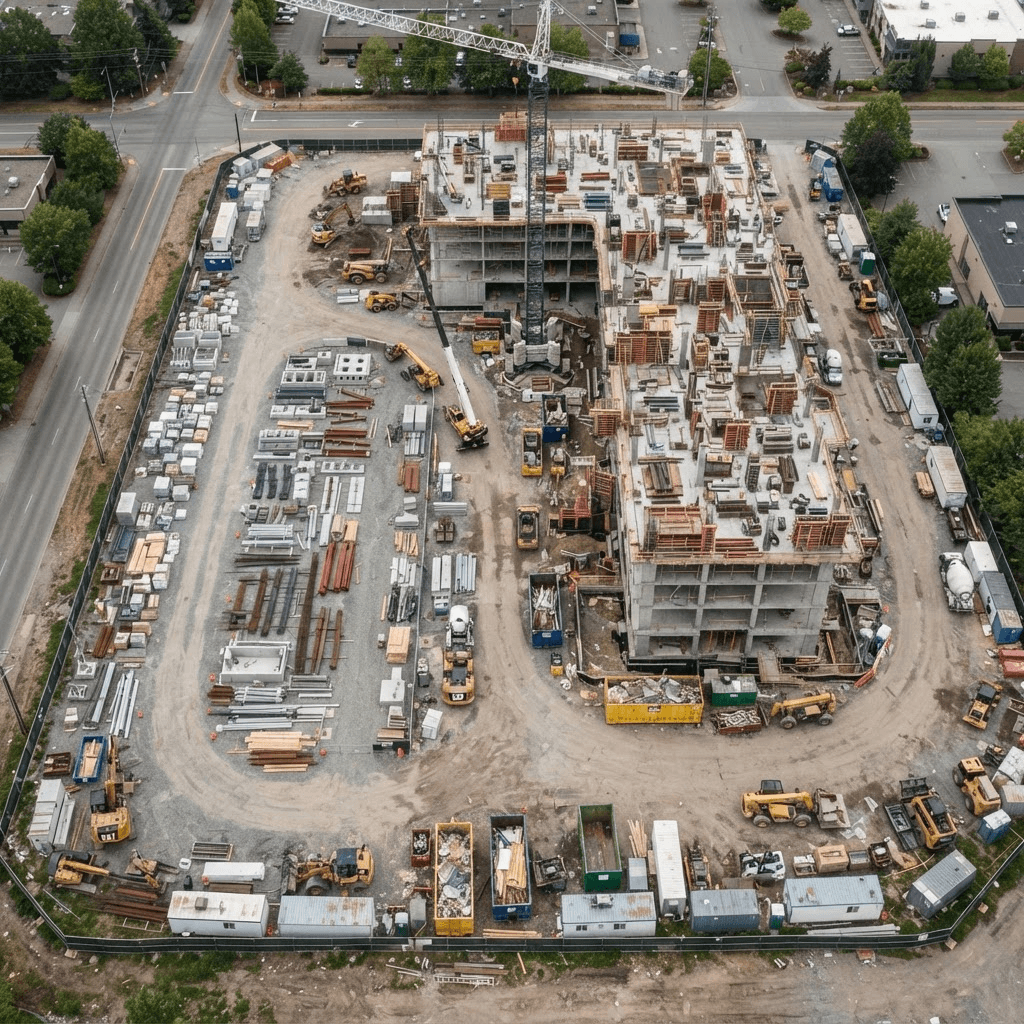 Aerial view of a construction jobsite used for estimating takeoffs