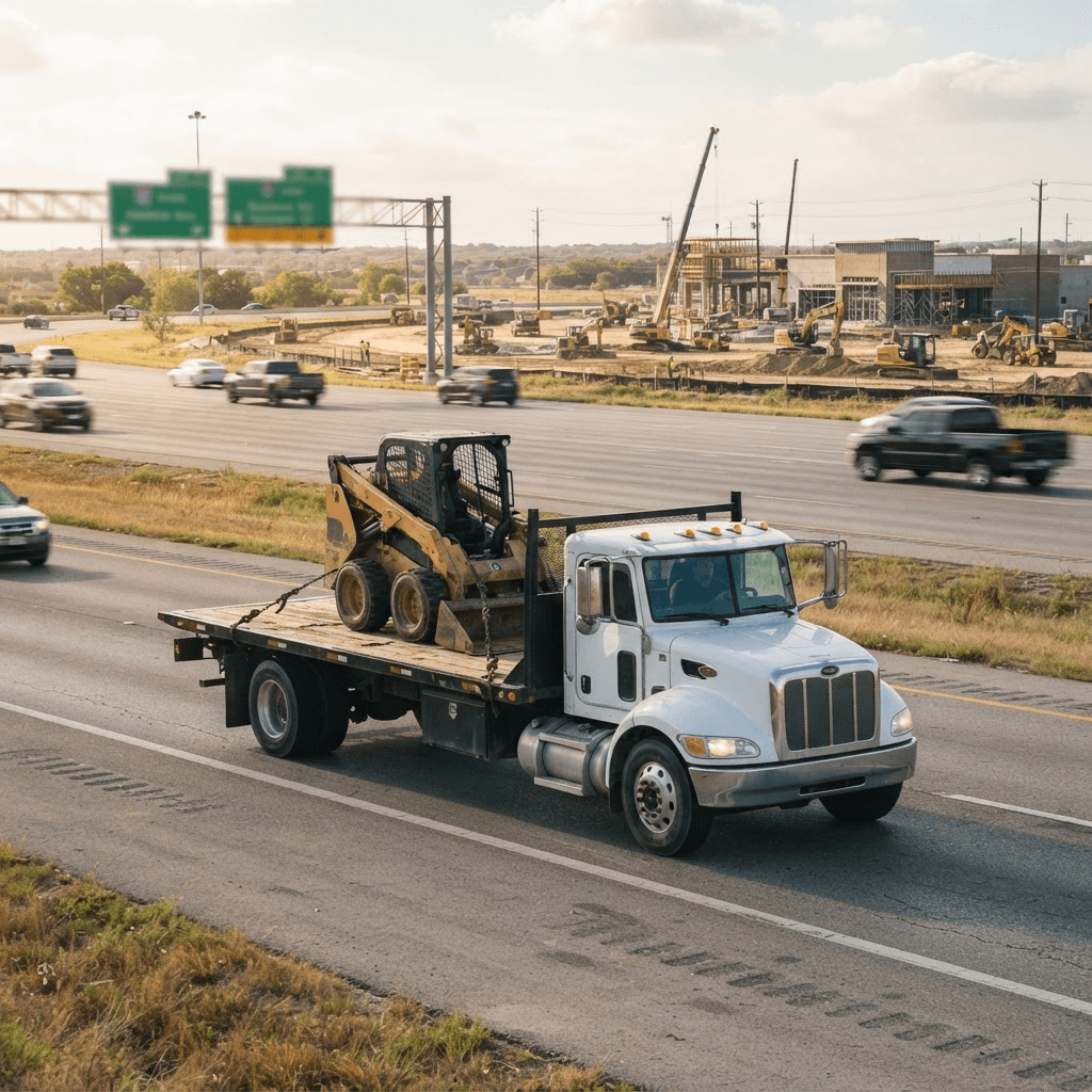 An equipment delivery truck carrying a skid steer on the highway