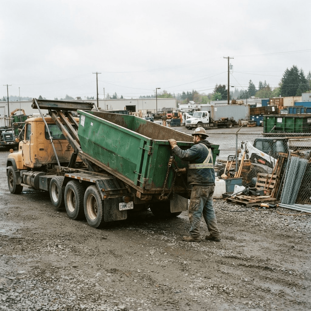 A rental company worker securing a roll-off container on a truck in an operations yard